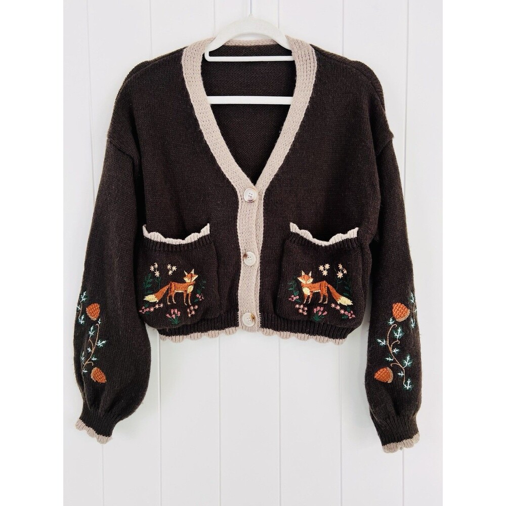 Adorable Brown Fox Scene Floral Cropped Sweater Mori Kei Fairycore Cottagecore S